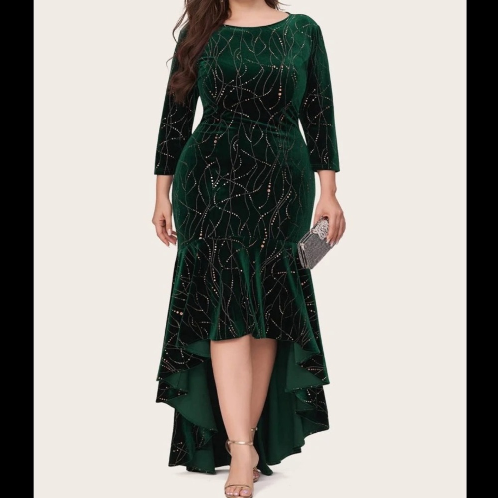 Geo pattern high low velvet dark green dress